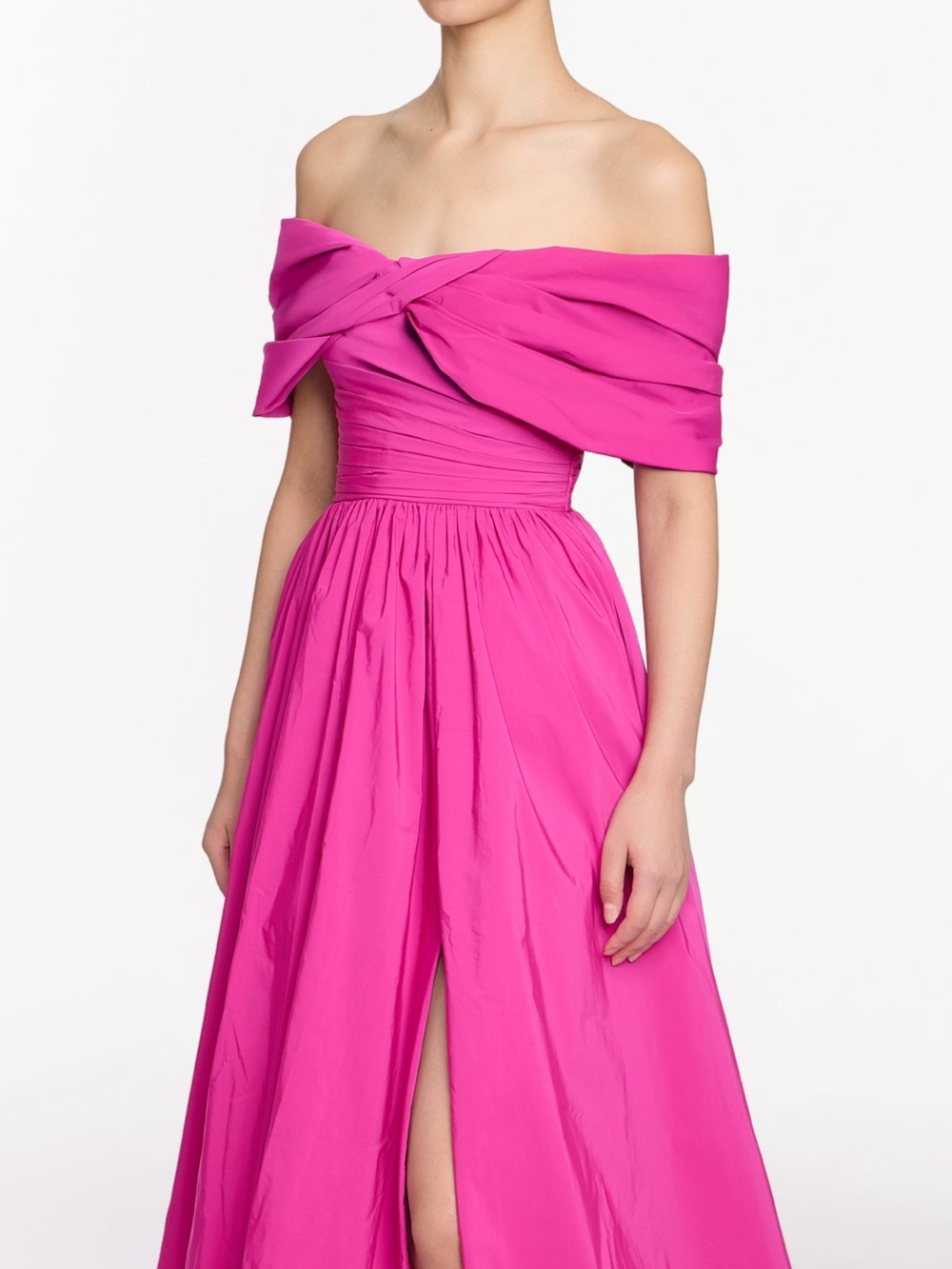 Marchesa Fuchsia Pink Off-Shoulder Draped Maxi Gown